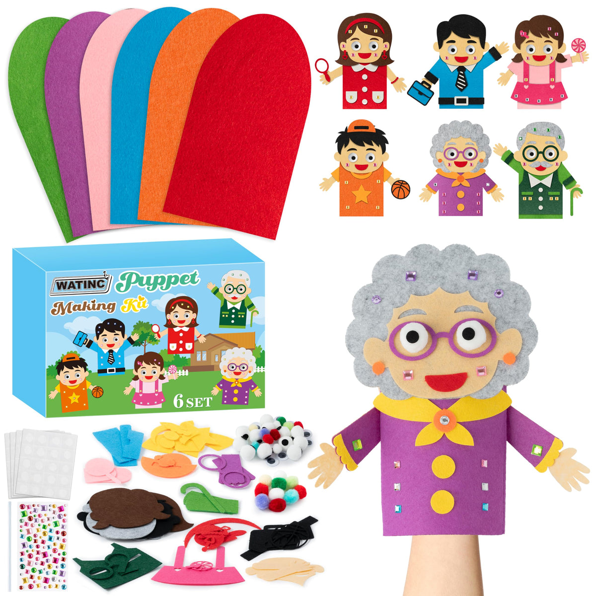 WATINC Hand Puppet Making Kit, Felt Sock Puppet Toys for Kids (Animals)