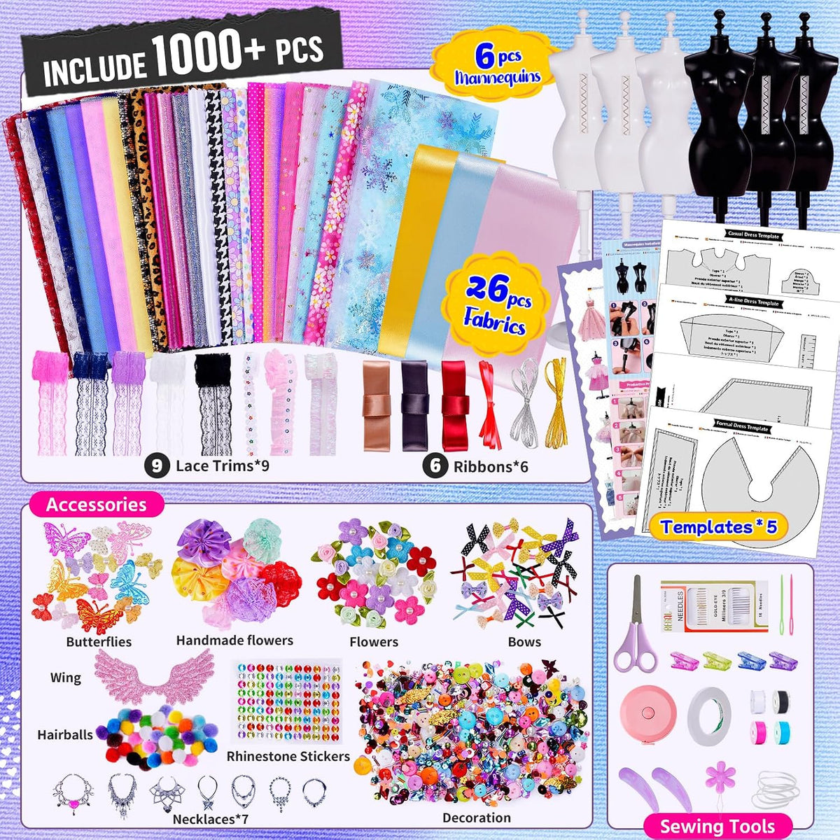 Fashion Designer Kits for Girls with 6 Mannequins, 800+ Kids Sewing Kits