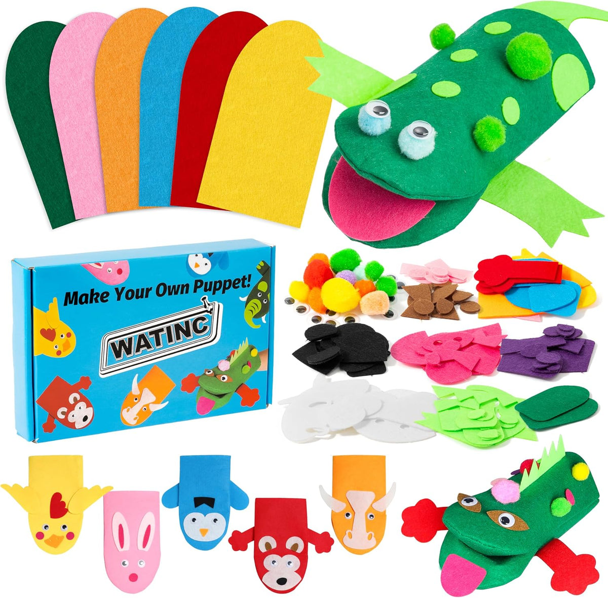 WATINC Hand Puppet Making Kit, Felt Sock Puppet Toys for Kids (Animals)