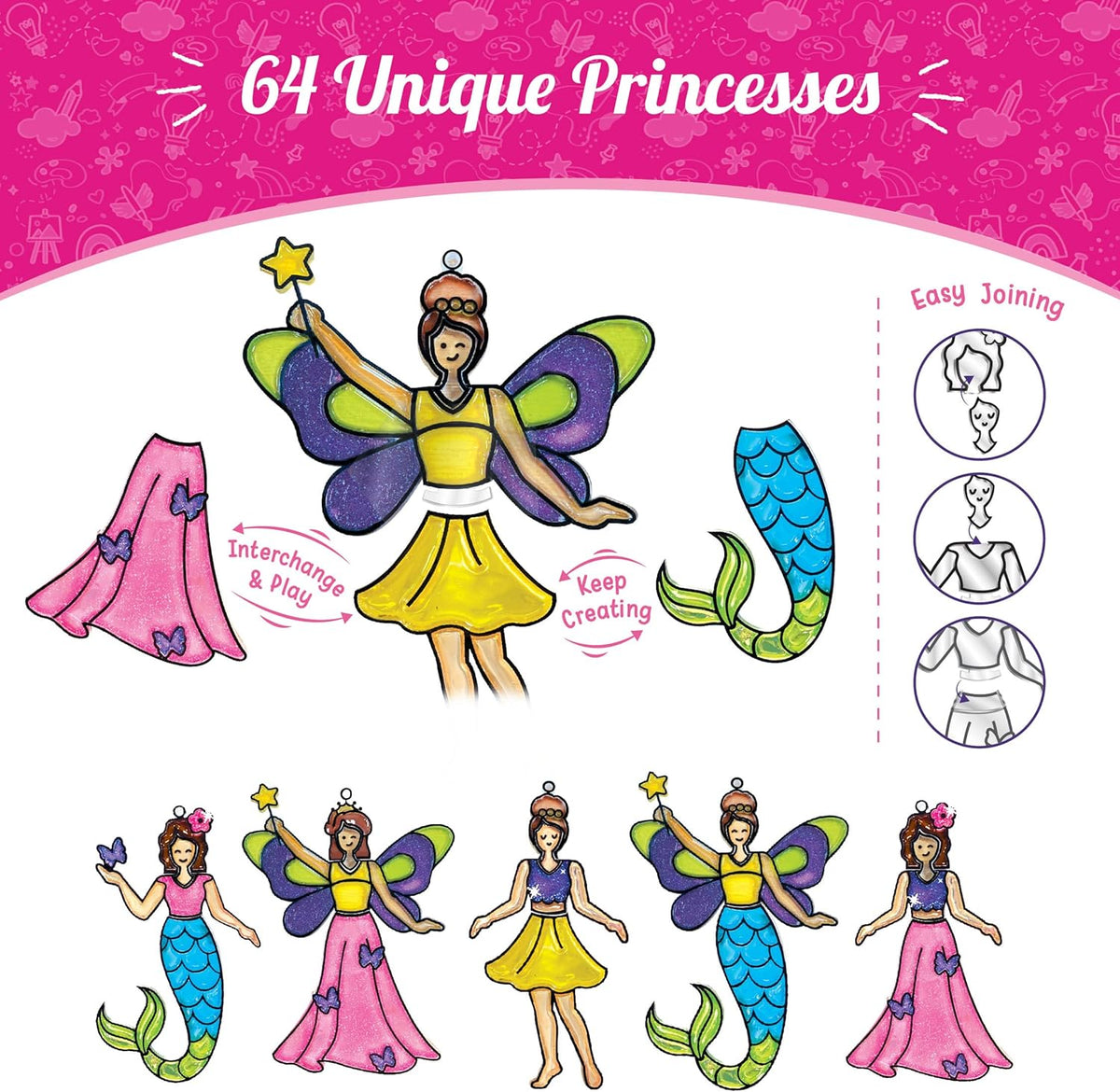 Imagimake Window Art - Princess, Mermaid, Unicorn 16 Pieces Suncatcher Kit