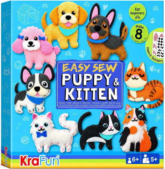 KRAFUN Puppy & Kitten Sewing Kit for Kids Ages 6+ | 8 Dolls