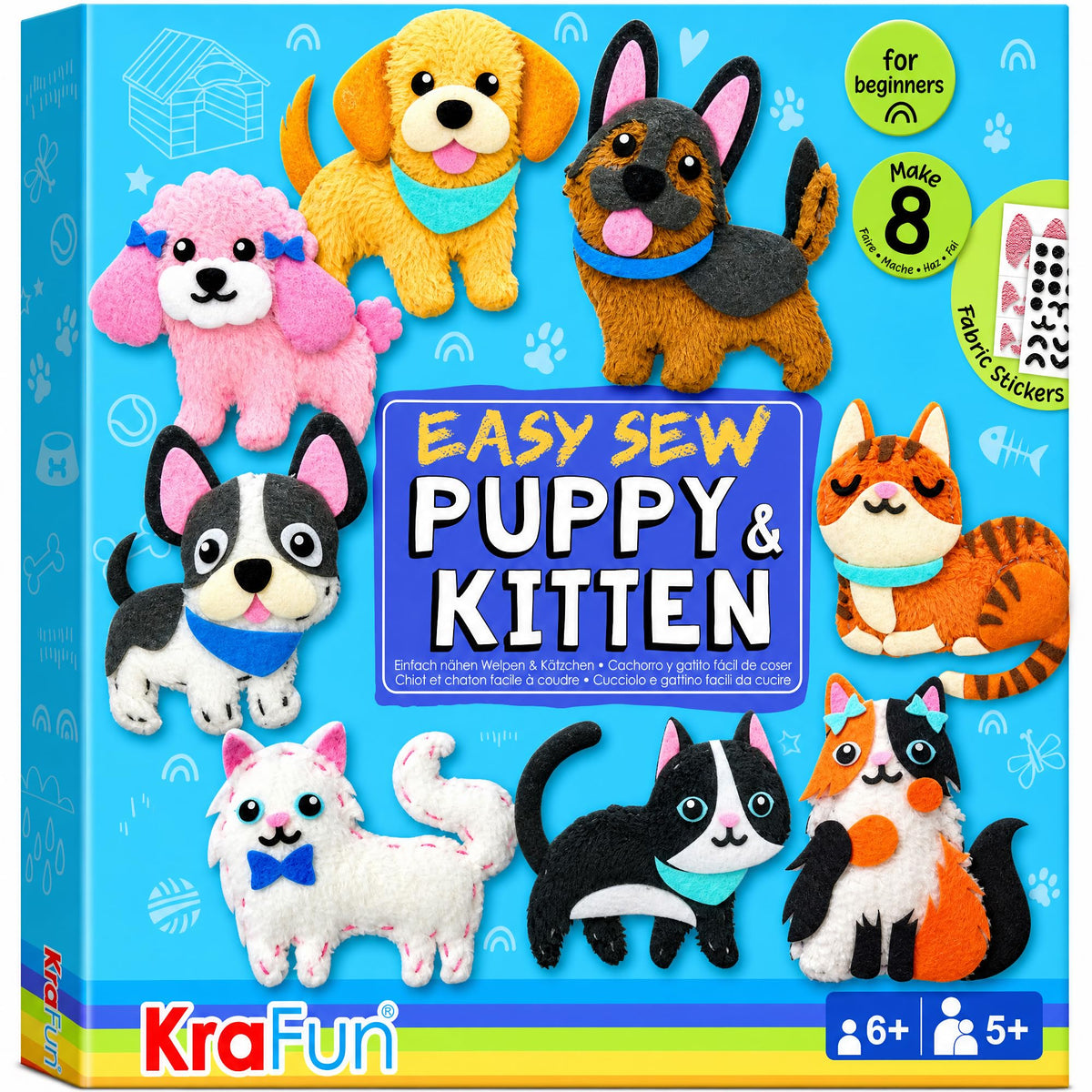 KRAFUN Puppy & Kitten Sewing Kit for Kids Ages 6+ | 8 Dolls
