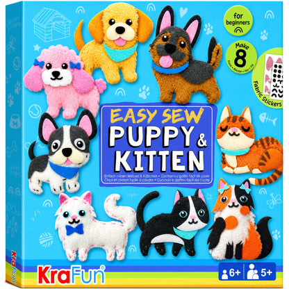 KRAFUN Puppy & Kitten Sewing Kit for Kids Ages 6+ | 8 Dolls