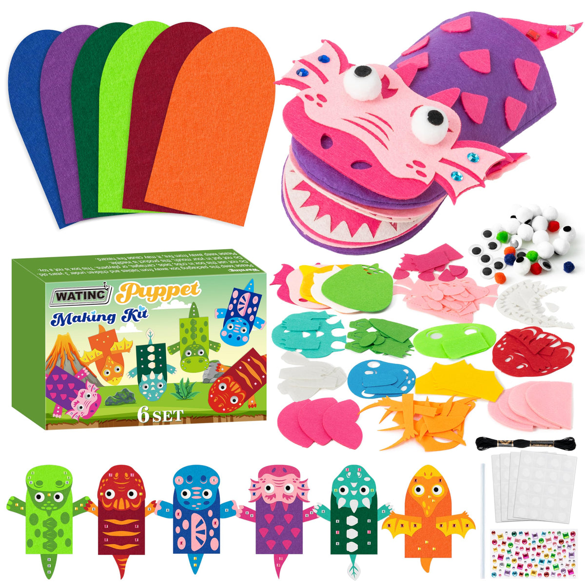 WATINC Hand Puppet Making Kit, Felt Sock Puppet Toys for Kids (Animals)
