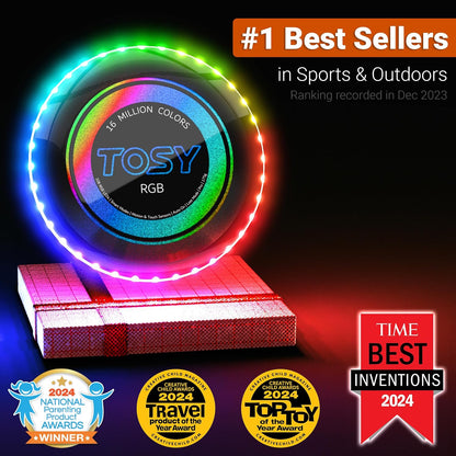 TOSY Flying Disc - 16 Million Colors RGB LEDs, Extremely Bright, Smart Modes, Camping Essentials for Teens/Kids/Adults/Men/Boys/Girls, Auto Light Up, Rechargeable, Waterproof, 175g