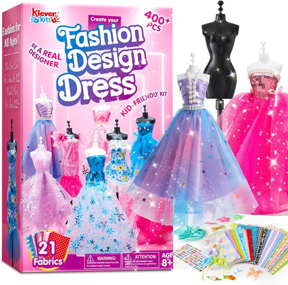 Klever Kits 400+PCS Fashion Design Crafts for Kids, Art and Crafts, DIY Sewing Kits with 3 Mannequins for Girls Aged 8-12, Toys for Kids, Birthday Presents, Doll Clothes