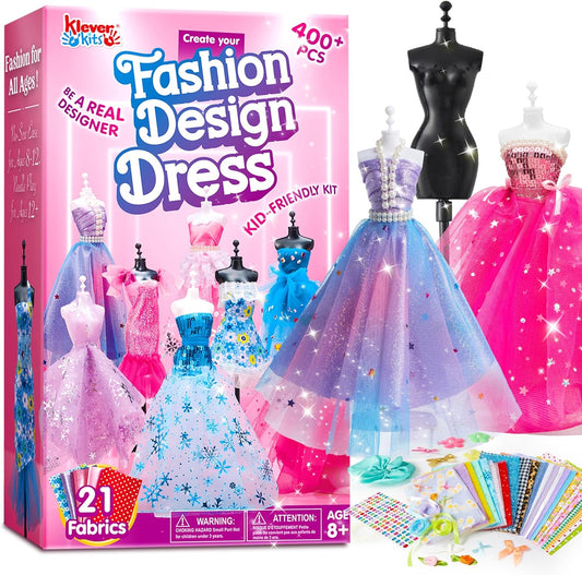 Klever Kits 400+PCS Fashion Design Crafts for Kids, Art and Crafts, DIY Sewing Kits with 3 Mannequins for Girls Aged 8-12, Toys for Kids, Birthday Presents, Doll Clothes